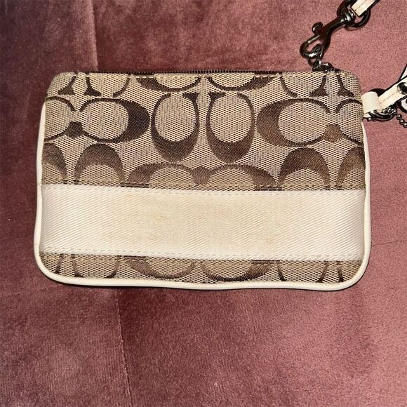 Coach Signature Stripe Wristlet Cream Brown Small Zip Closure Detachable Strap - Picture 3 of 5